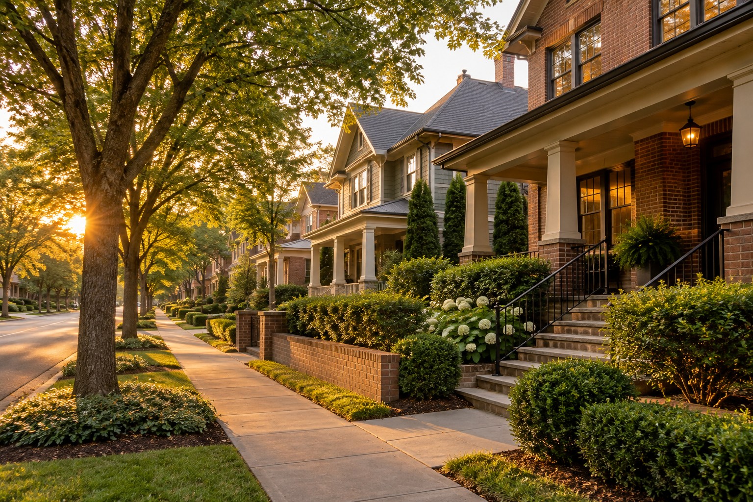 An Atlanta Georgia intown neighborhood street at golden hour, illustrative