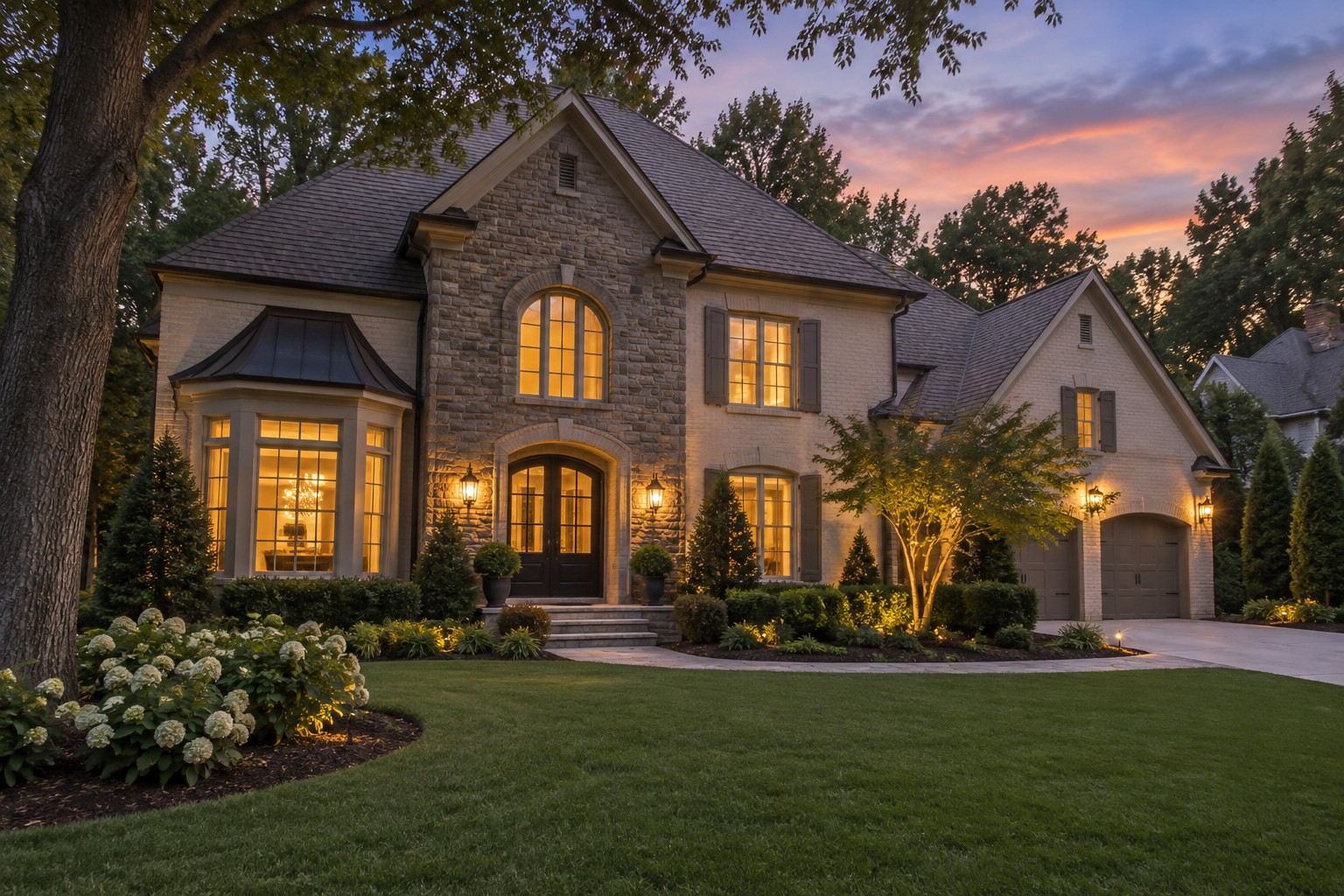 An Atlanta home exterior at dusk, illustrative